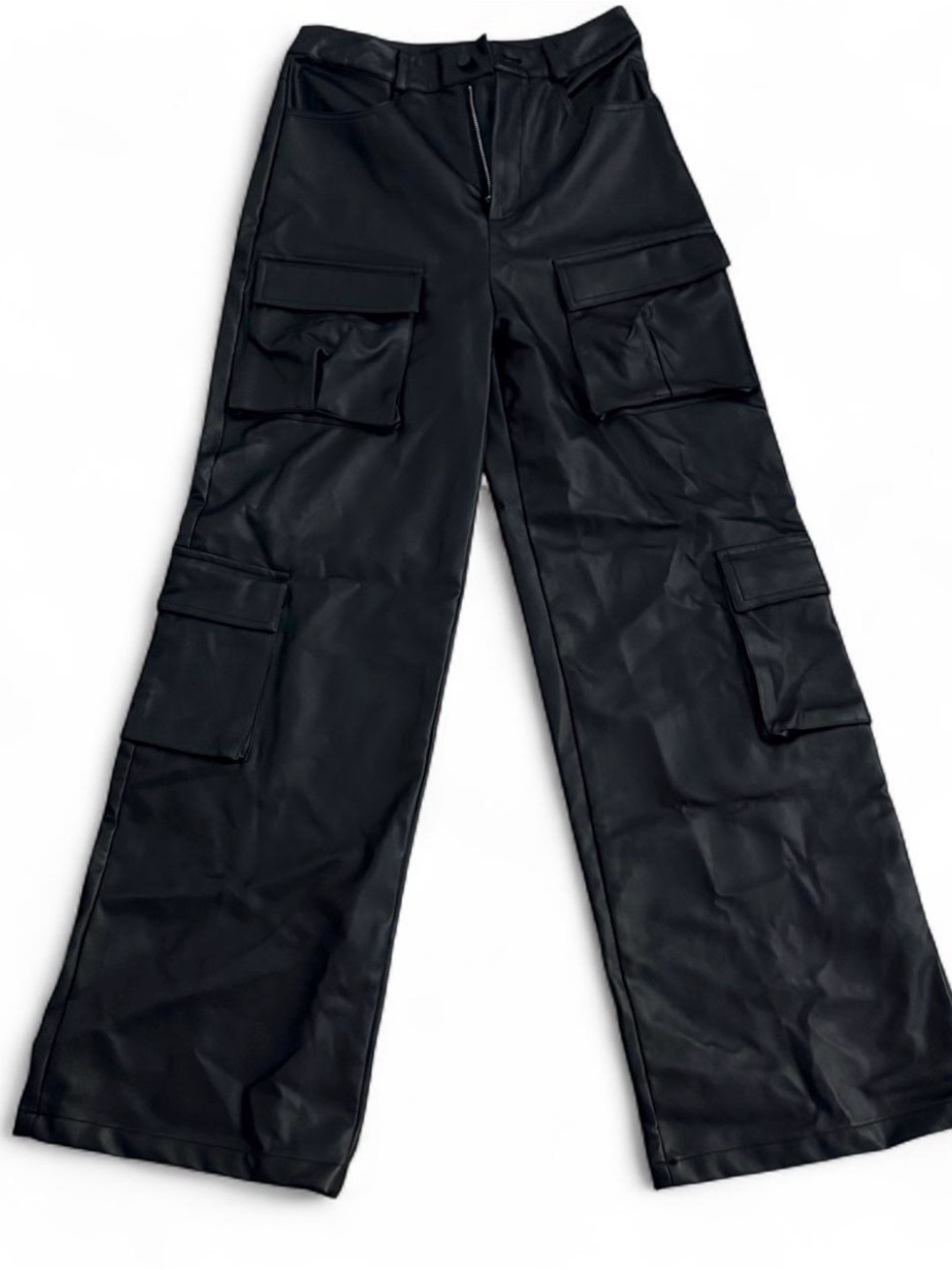 Fashion Nova Black Faux Leather Wide-Leg Cargo Pants